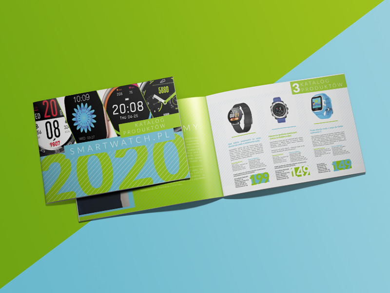 Otwarty katalog produktowy z zegarkami smartwatch na dwukolorowym tle, prezentujący modele i ceny.