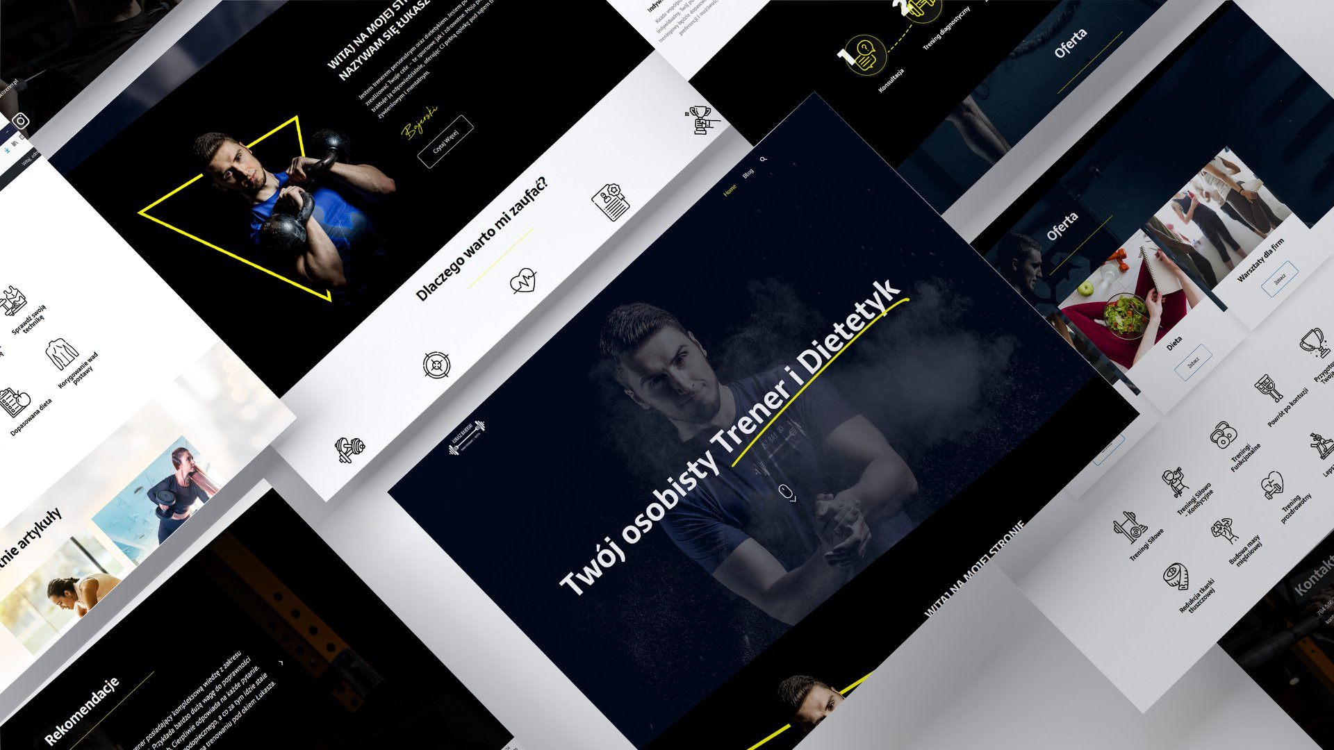 Prezentacja responsywnej strony internetowej trenera personalnego i dietetyka, z widocznymi elementami graficznymi, zdjęciem trenera oraz nawigacją.