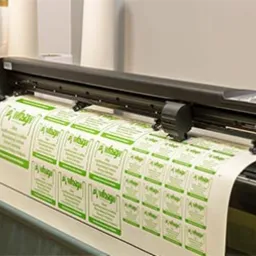 Plotter tnący arkusz naklejek w drukarni w Krakowie. Naklejki z zielonym motywem roślinnym, powtarzające się w regularnych odstępach.