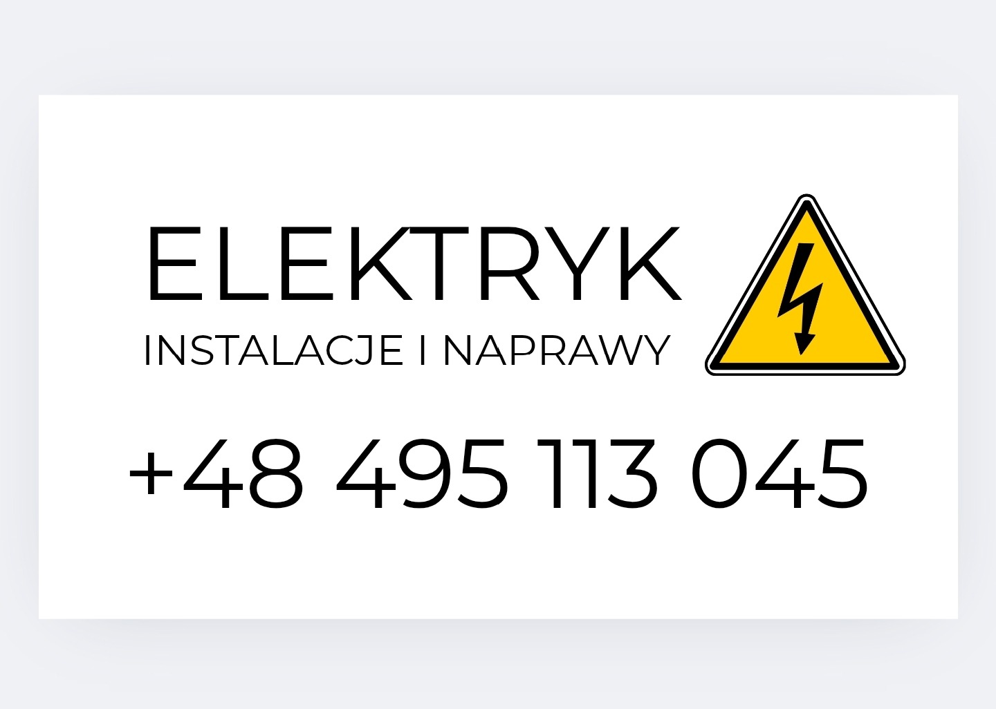 Grafika z napisem 'Elektryk Instalacje i Naprawy', numerem telefonu i symbolem ostrzegawczym z błyskawicą na białym tle. Minimalistyczny design.