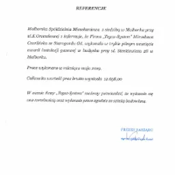 Skan dokumentu referencyjnego dla firmy Tegaz-System z Malborka, potwierdzający usunięcie awarii instalacji gazowej w maju 2019 roku, podpisany przez Prezesa Zarządu Spółdzielni Mieszkaniowej.