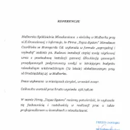 Skan dokumentu referencyjnego dla firmy Tegaz-System z Malborka, potwierdzającego budowę instalacji ciepłej wody użytkowej i przebudowę instalacji gazowej w budynku wielorodzinnym, z datą...