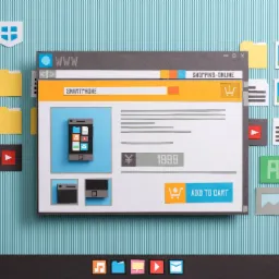 Wycięty z papieru ekran komputera imitujący interfejs sklepu internetowego z ofertą smartfona, koszykiem i przyciskiem 'Dodaj do koszyka', otoczony ikonami aplikacji i folderami na tle w paski.