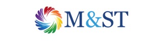 Logo firmy z tęczowym symbolem i napisem 'M&ST' w odcieniach niebieskiego.