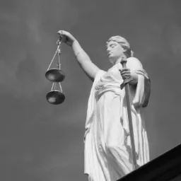 Czarno-białe zdjęcie rzeźby Temidy z wagą i mieczem na tle pochmurnego nieba, widzianej z dołu, stojącej na krawędzi dachu.