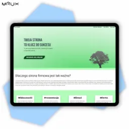 Prezentacja responsywnej strony internetowej na tablecie, z zielonym gradientem w tle i sylwetką drzewa, podkreślająca znaczenie strony firmowej dla sukcesu.