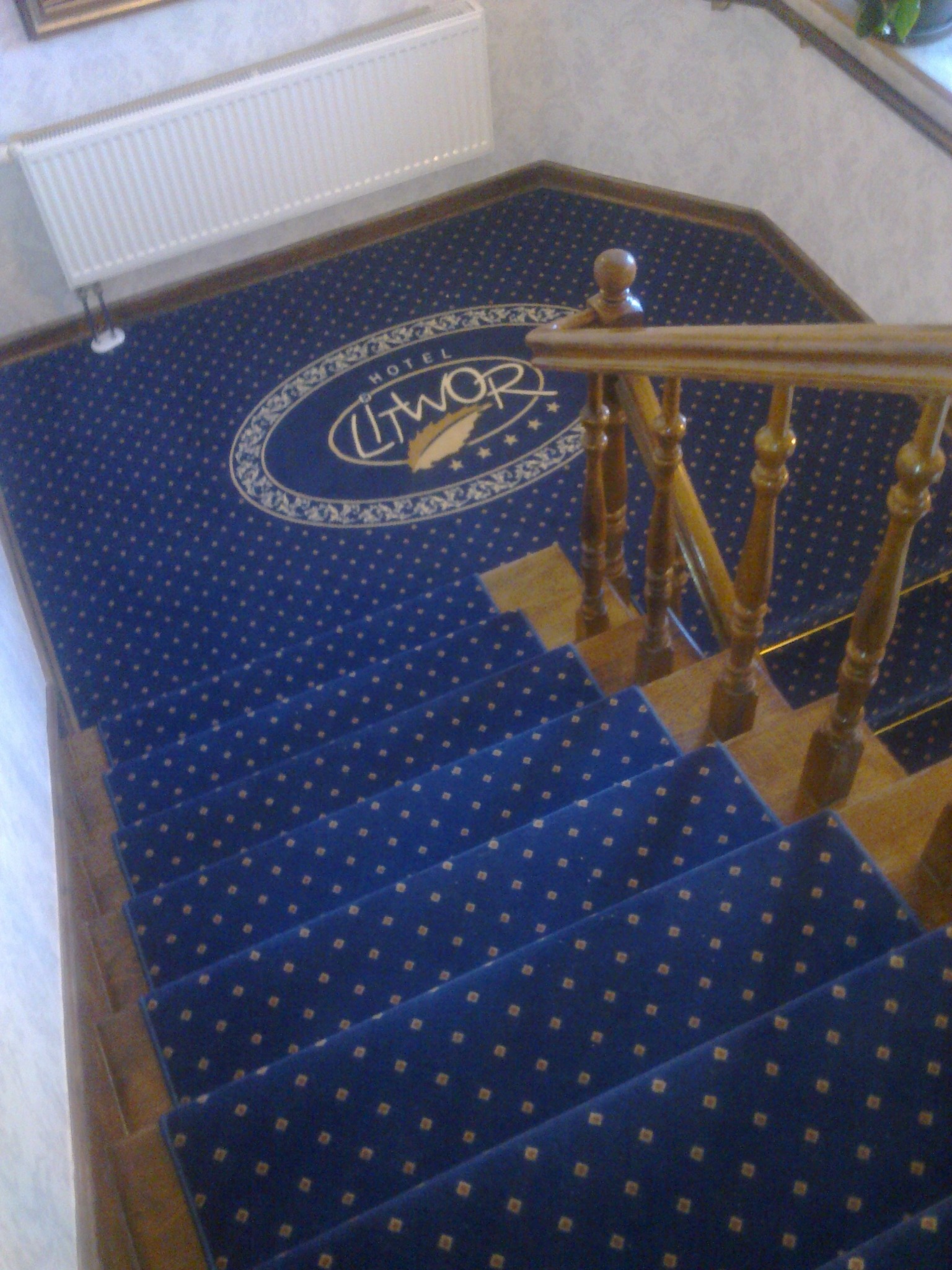 Niebieska wykładzina dywanowa z logo hotelu na schodach w Zakopanem, widok z góry.