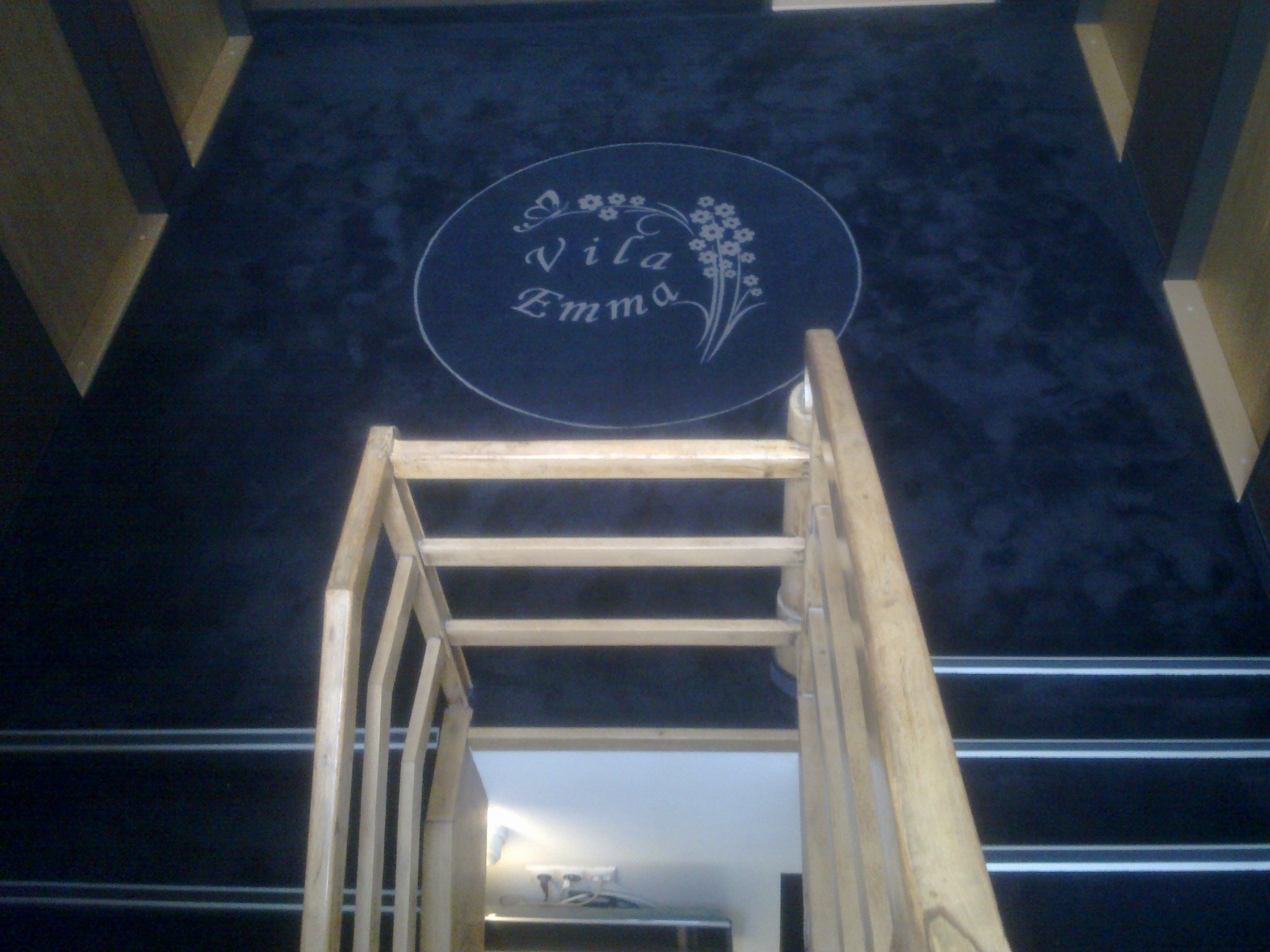Ciemna wykładzina dywanowa na schodach z drewnianą balustradą i dekoracyjnym wzorem 'Vila Emma' na ścianie.
