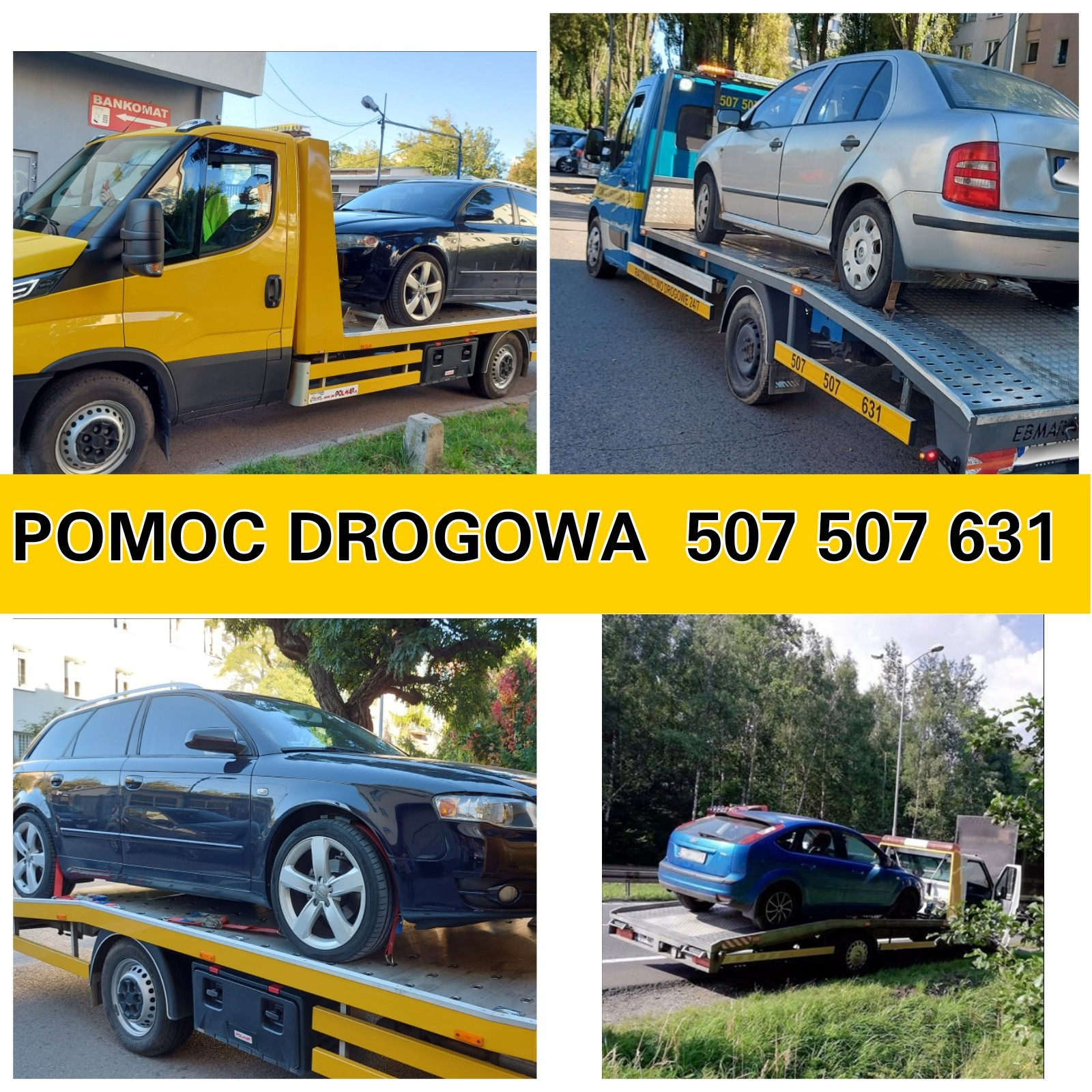 Cztery ujęcia lawet z samochodami osobowymi, różne modele i kolory, w tle budynki i zieleń, nałożony napis 'POMOC DROGOWA 507 507 631'.