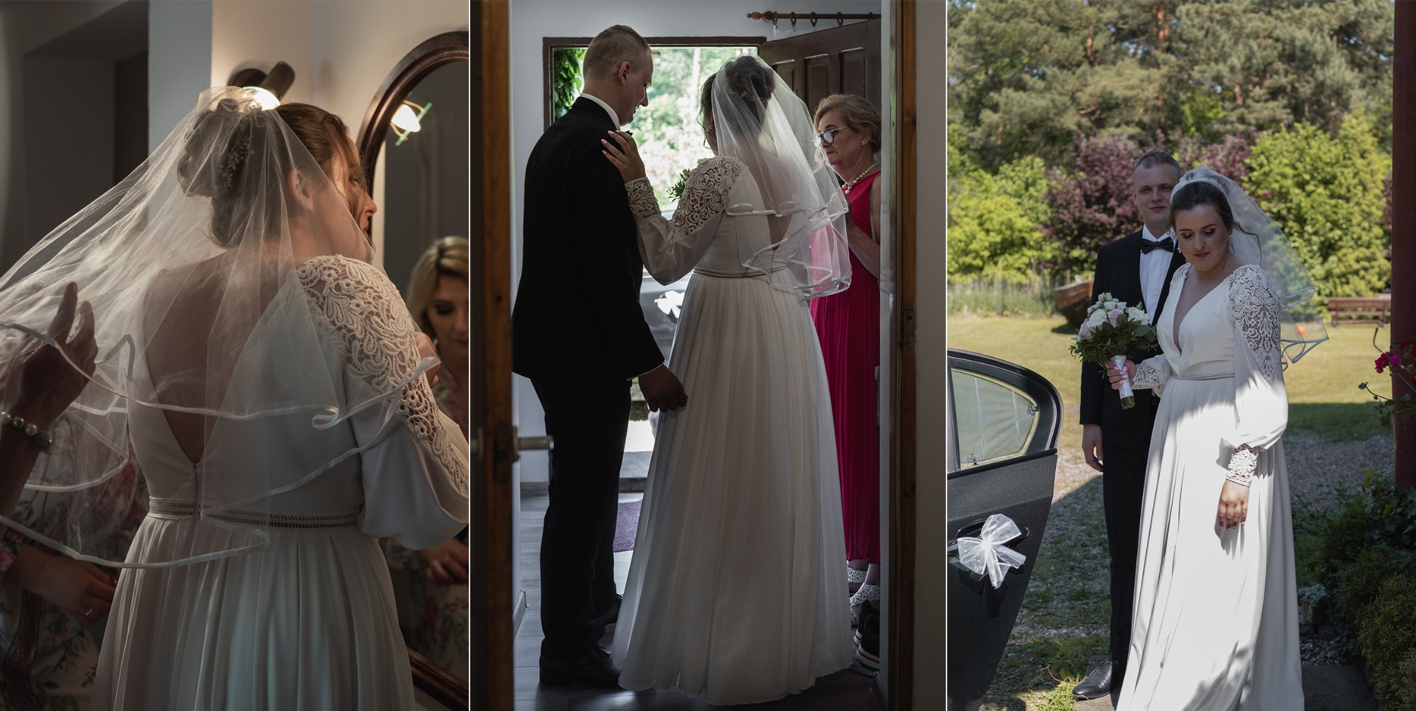 Panna młoda w białej sukni z koronkowymi rękawami i welonem, przygotowywana do ceremonii przez bliskich, uchwycona w trzech różnych momentach: podczas dopinania welonu przed lustrem, w przejściu...