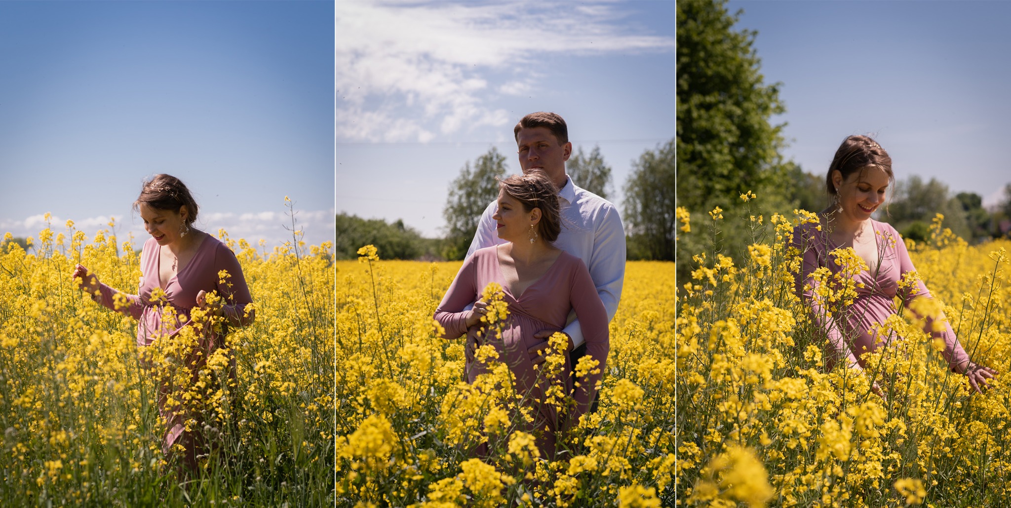 Kolaż z sesji ciążowej w polu rzepaku: przyszła mama w różowej sukience, w różnych pozach, z partnerem w tle.