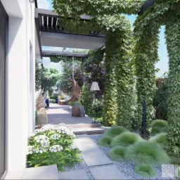 Wizualizacja ogrodu z pergolą porośniętą bluszczem, ścieżką z płyt, ozdobnymi trawami, huśtawką wiszącą i lampą stojącą.