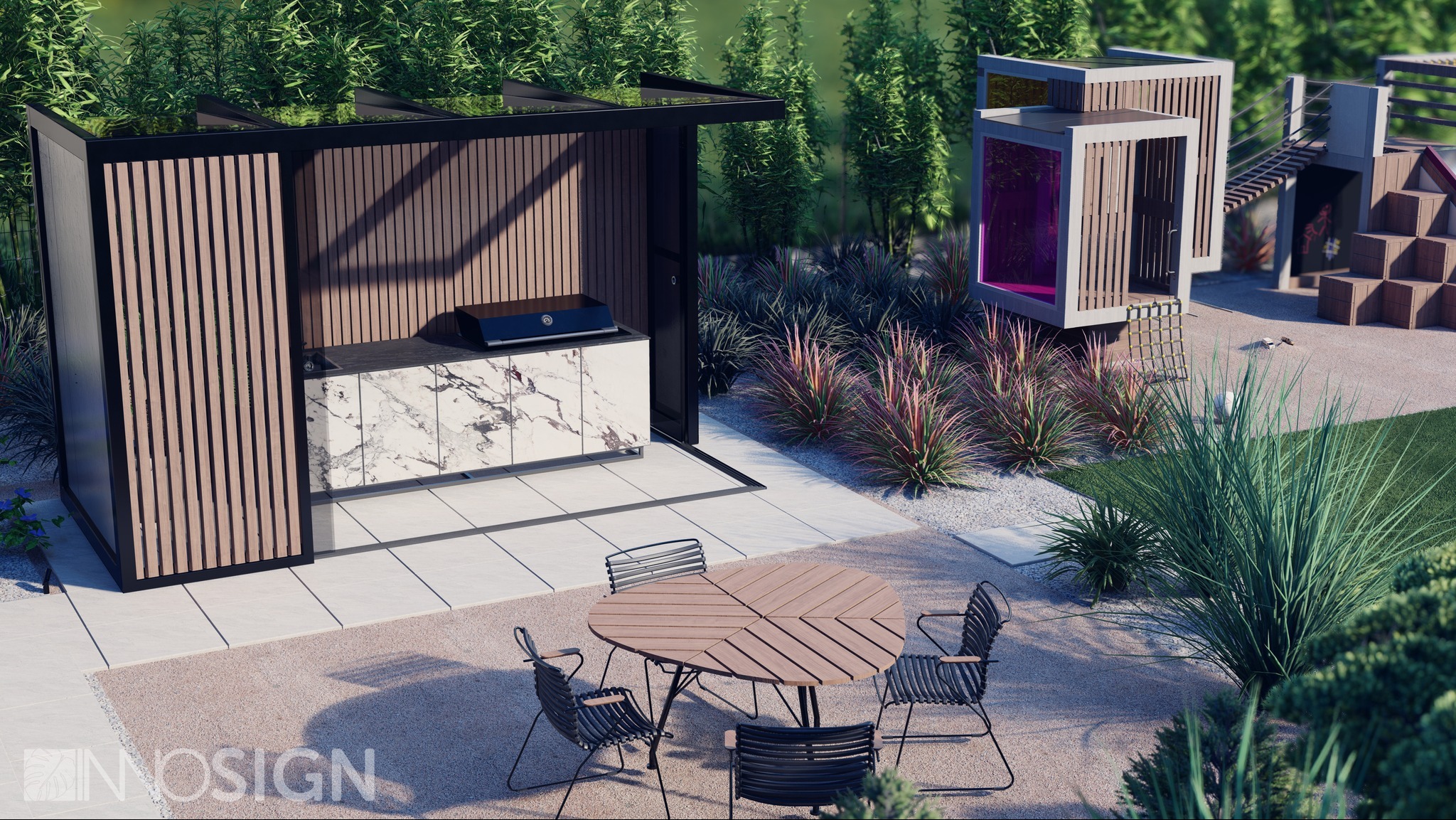 Wizualizacja ogrodu z zadaszoną kuchnią zewnętrzną z grillem, marmurowym blatem i stołem z krzesłami na patio, w tle plac zabaw dla dzieci.