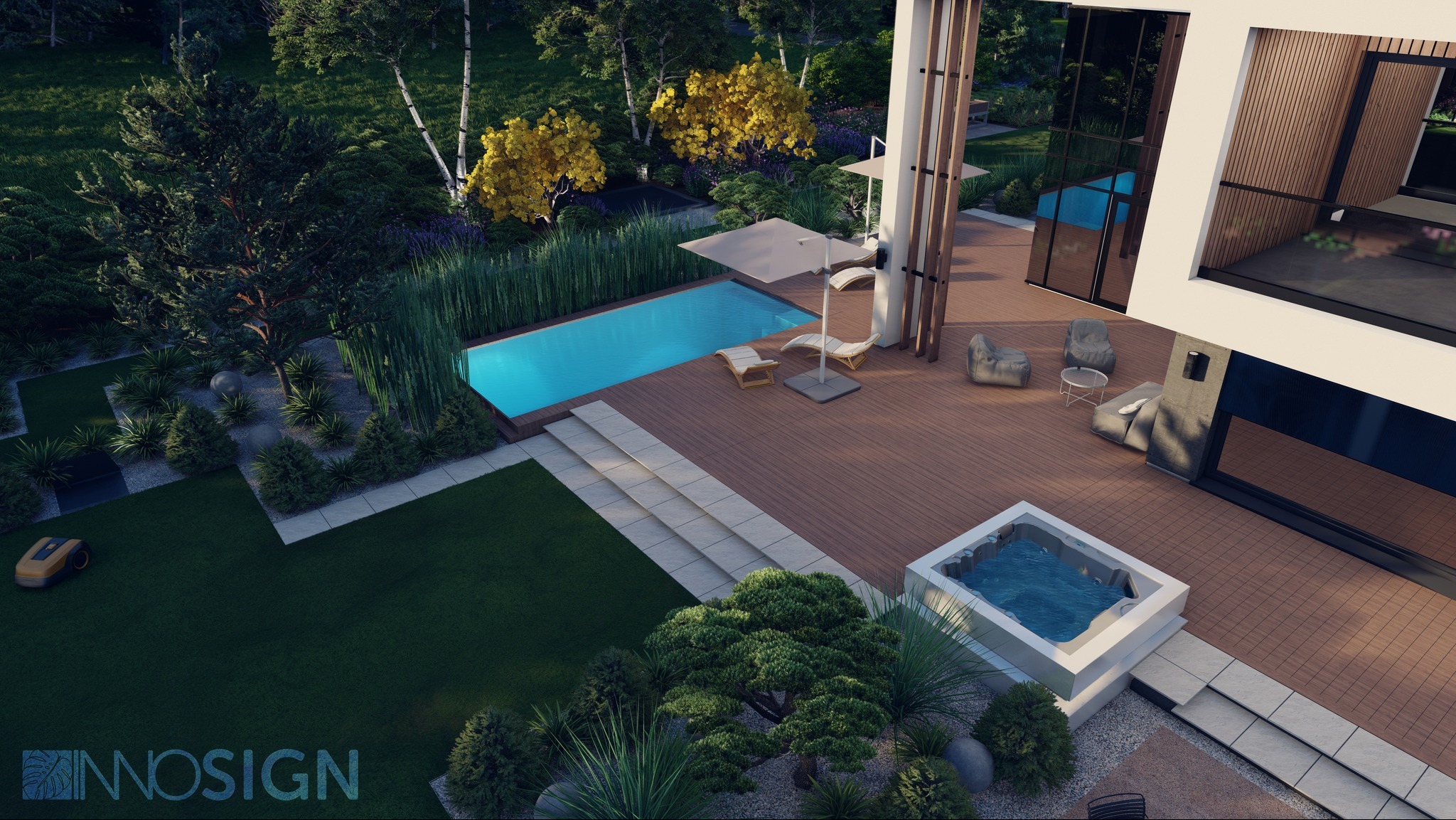 Wizualizacja nowoczesnego ogrodu z basenem, jacuzzi, drewnianym tarasem i robotem koszącym na trawniku, widok z góry.