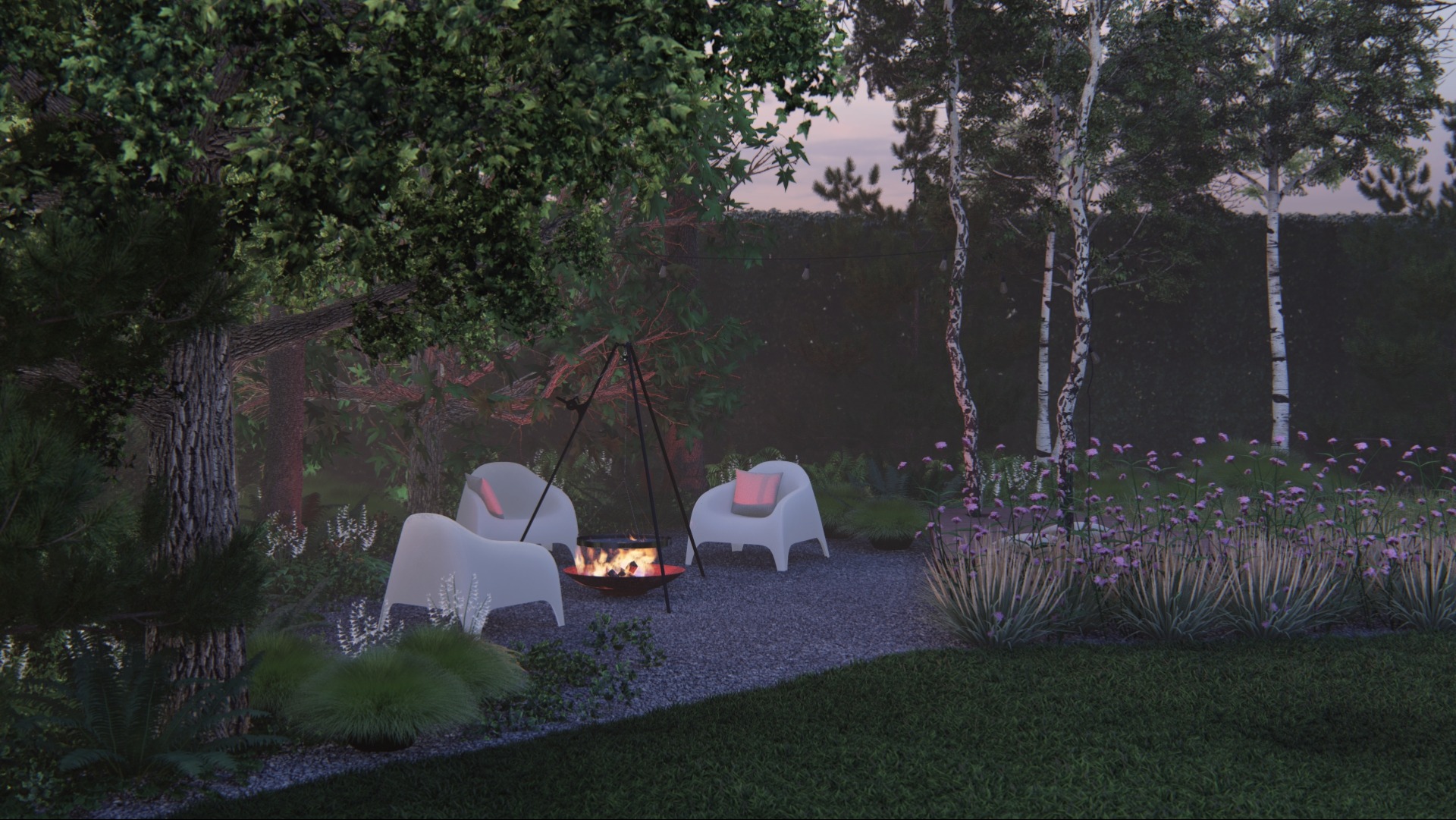 Ogród o zmierzchu: palenisko otoczone trzema białymi krzesłami z różowymi poduszkami, wśród drzew i fioletowych kwiatów.
