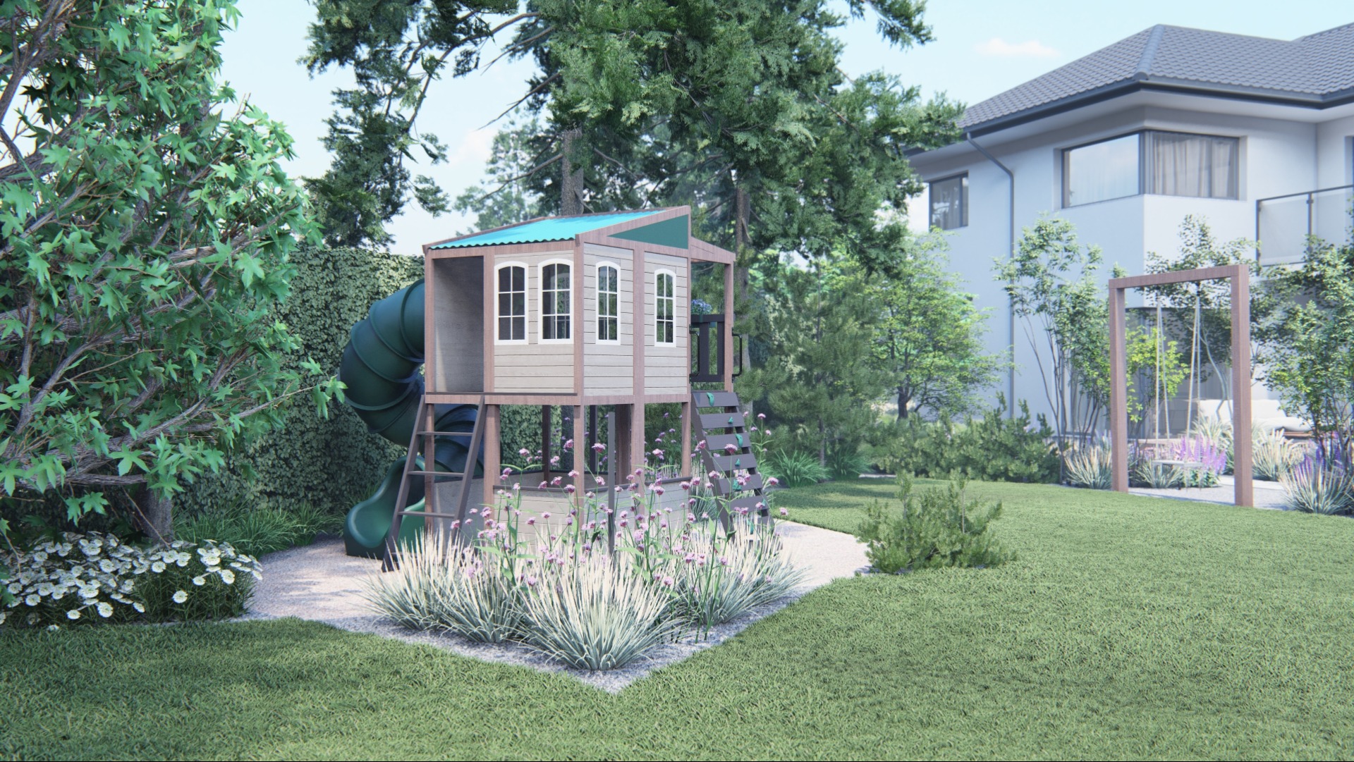 Wizualizacja ogrodu z drewnianym domkiem na palach dla dzieci ze zjeżdżalnią i huśtawką na tle nowoczesnego domu.