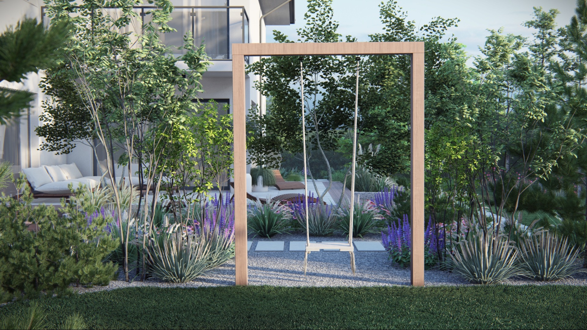 Nowoczesny ogród z huśtawką o drewnianej ramie, fioletowymi kwiatami i wypoczynkową strefą z sofą w tle.