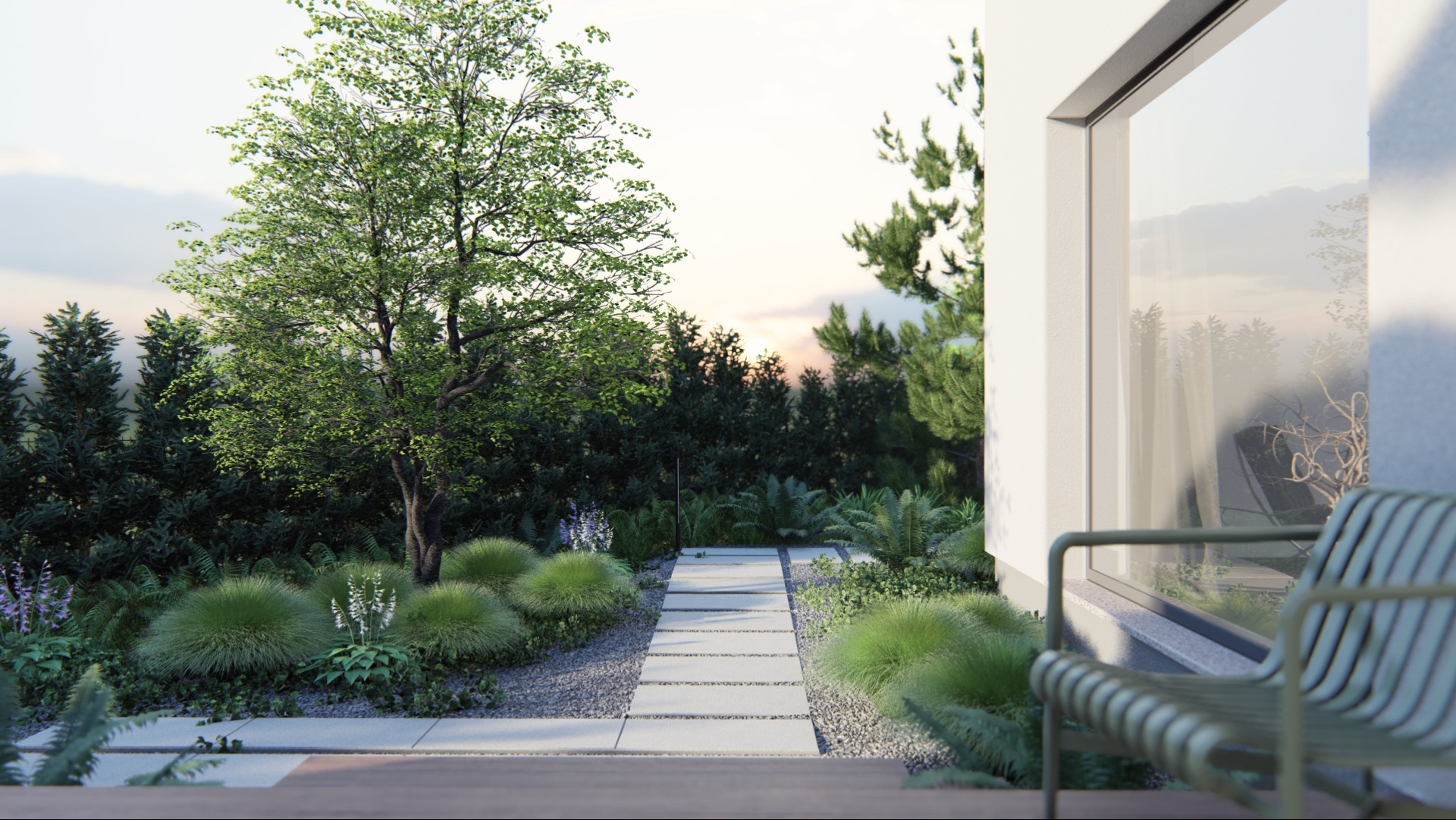Nowoczesny ogród z ścieżką z płyt betonowych, ozdobnymi trawami i drzewem liściastym, widok z tarasu z zielonym krzesłem.