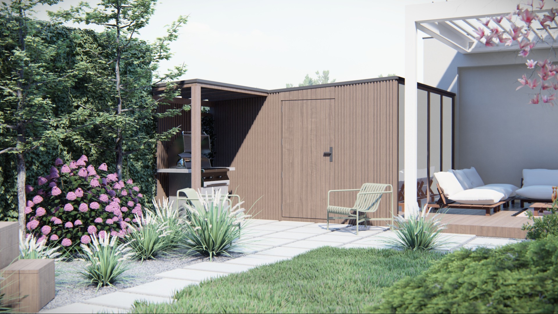 Nowoczesny ogród z zadaszoną strefą grillową, drewnianą zabudową z drzwiami, dwoma krzesłami w pastelowych kolorach i bujną roślinnością, w tym hortensjami i ozdobnymi trawami.