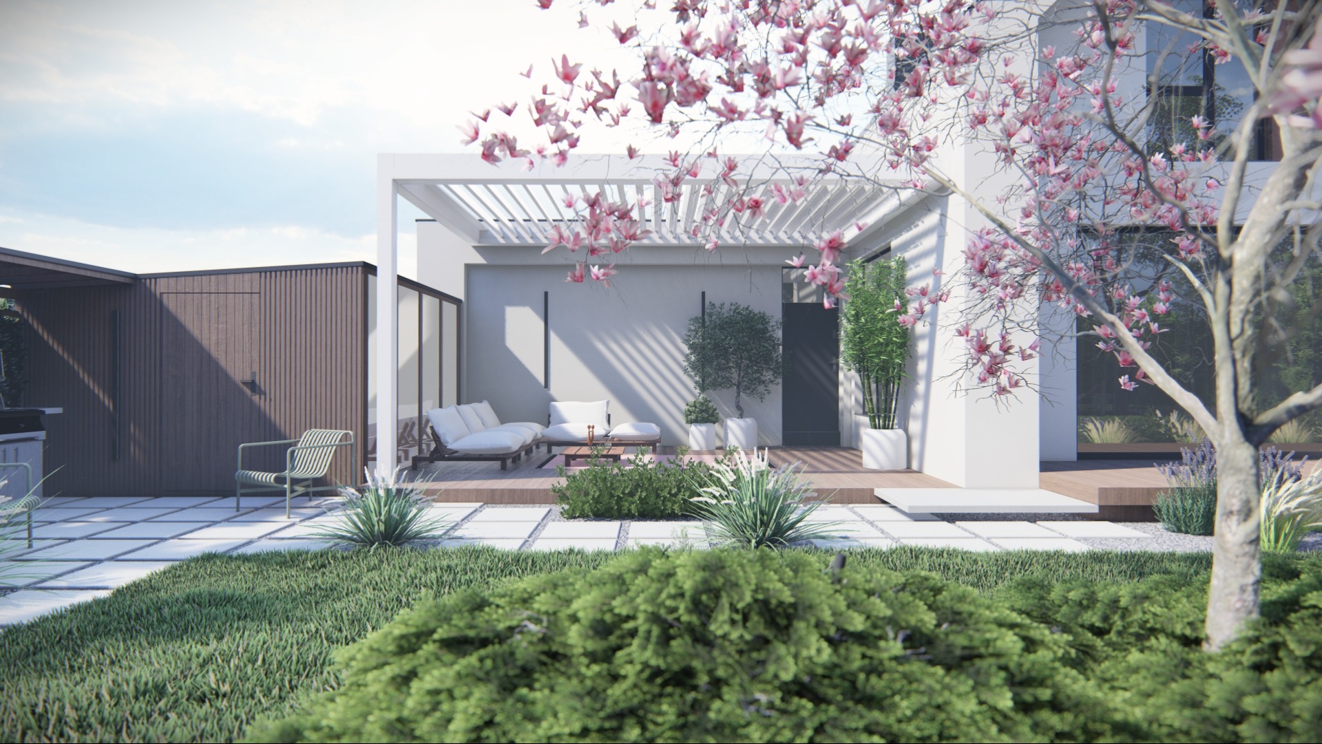 Nowoczesny ogród z pergolą, meblami wypoczynkowymi i kwitnącym drzewem magnolii w pierwszym planie.