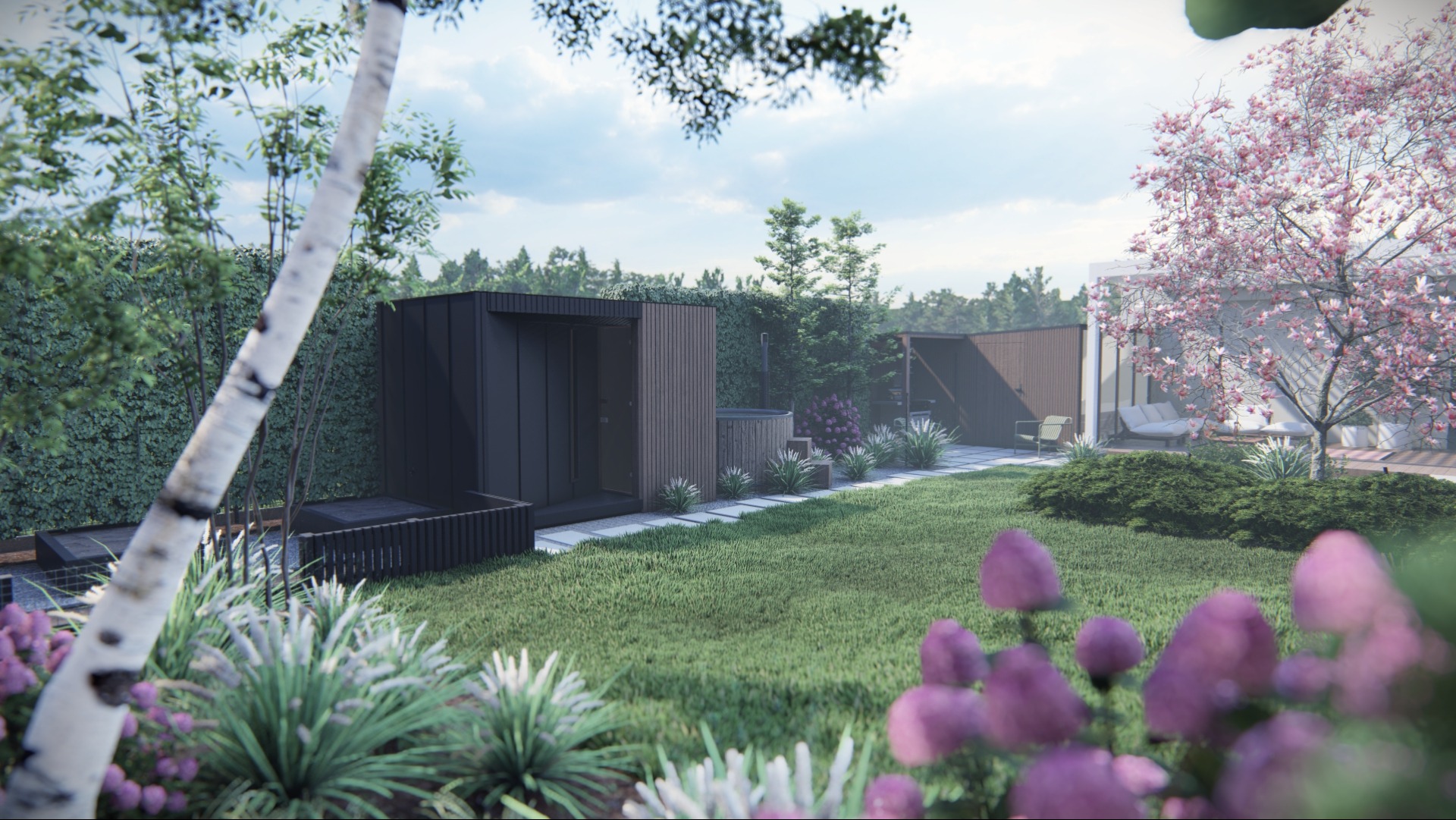 Wizualizacja nowoczesnego ogrodu we Wrocławiu z sauną, jacuzzi i kwitnącą wiśnią, widziana z perspektywy niskich kwiatów na pierwszym planie.