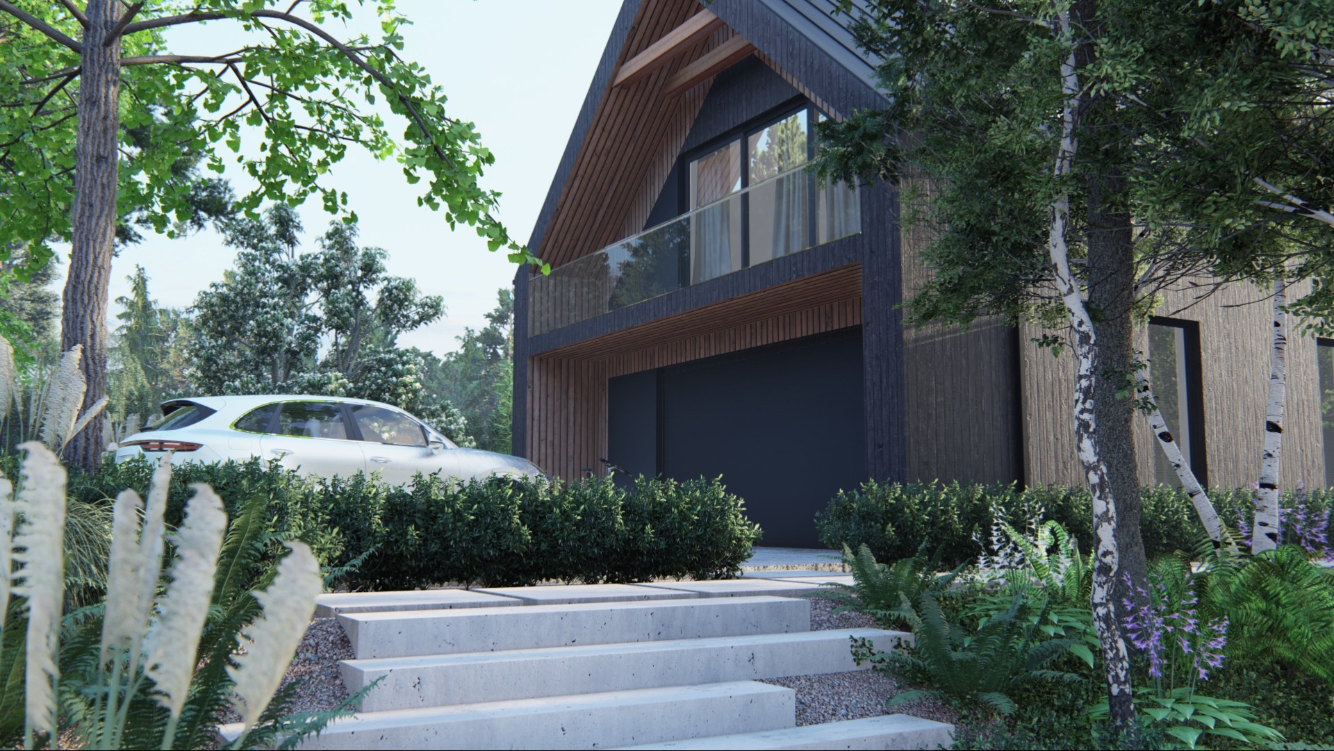 Nowoczesny dom z ciemnego drewna z balkonem i garażem, otoczony bujną zielenią, z betonowymi schodami prowadzącymi do wejścia i białym SUV-em zaparkowanym obok.