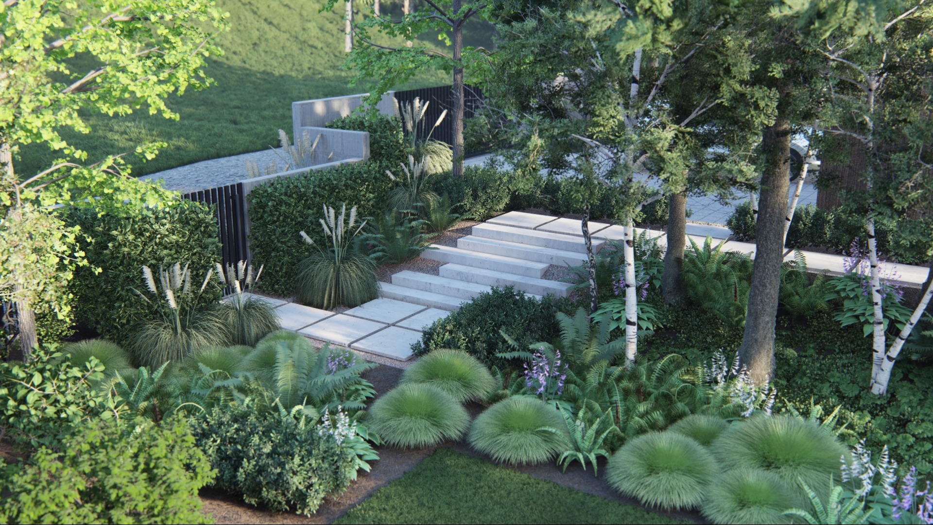 Wizualizacja ogrodu z białymi stopniami prowadzącymi w górę, otoczonymi różnorodną roślinnością, w tym trawami ozdobnymi, paprociami i brzozami.