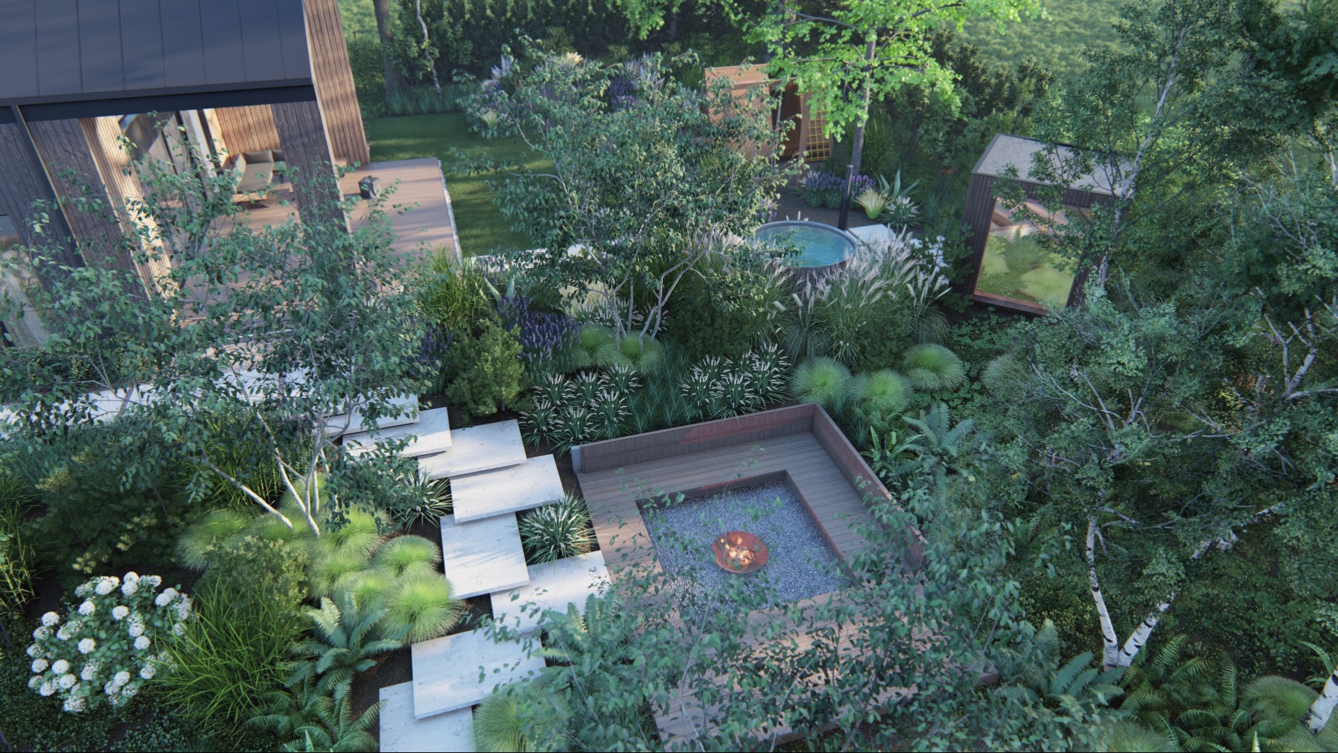 Widok z góry na nowoczesny ogród z drewnianym tarasem z paleniskiem wypełnionym żwirem, ścieżką z płyt, jacuzzi otoczone trawami ozdobnymi i pawilonem z lustrzaną ścianą.