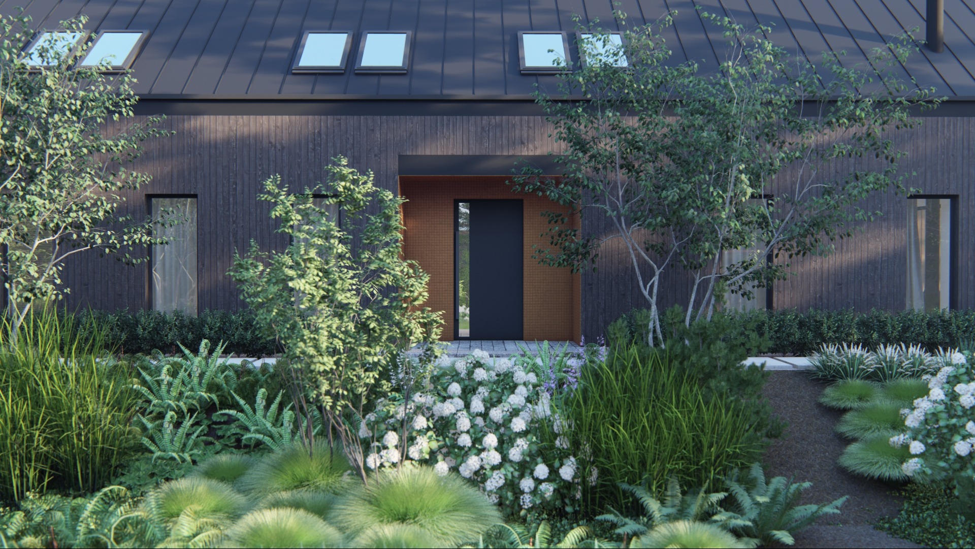 Nowoczesny dom z ciemnego drewna z czarnym dachem i starannie zaprojektowanym ogrodem z trawami ozdobnymi, hortensjami i krzewami liściastymi.