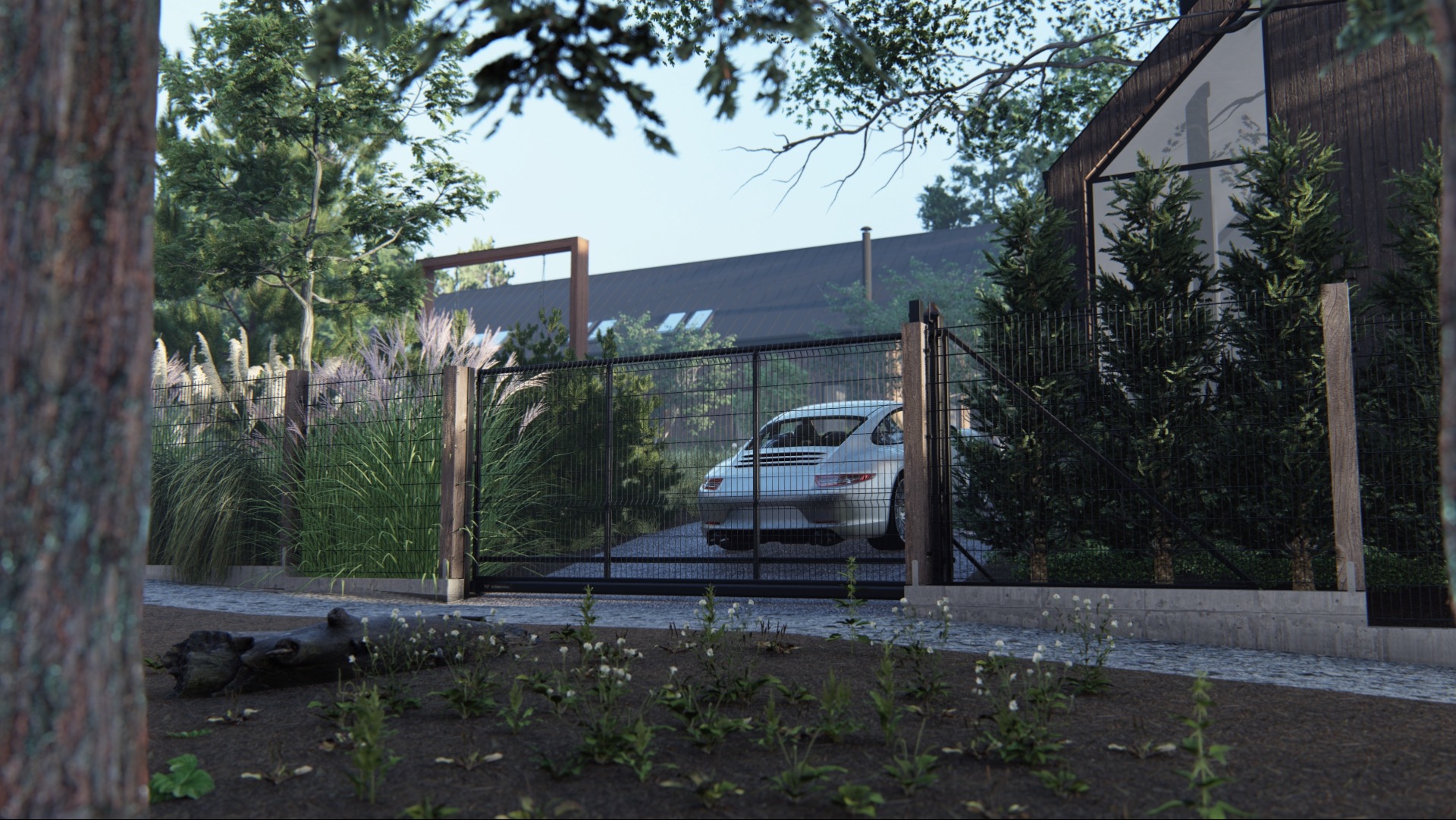 Nowoczesny ogród z metalowym ogrodzeniem, ozdobnymi trawami, niskimi krzewami iglastymi i białym samochodem sportowym widocznym przez otwartą bramę.