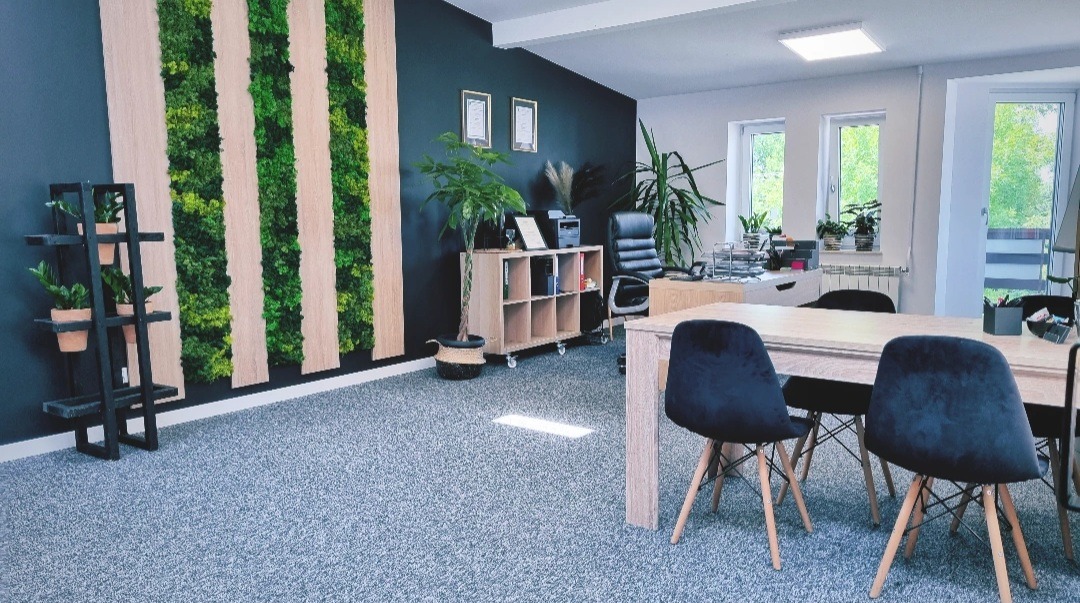 Nowoczesne biuro z drewnianym stołem, czarnymi krzesłami, ścianą z mchu i roślinami doniczkowymi, oświetlone naturalnym światłem wpadającym przez okna.