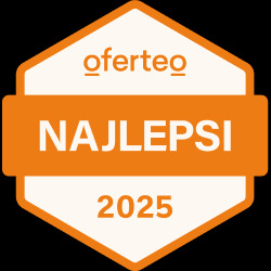 Pomarańczowa odznaka Oferteo z napisem 'NAJLEPSI 2025' na czarnym tle.