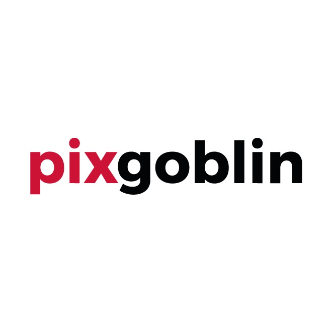 Logo firmy Pixgoblin, nazwa w kolorze czerwonym i czarnym na białym tle.