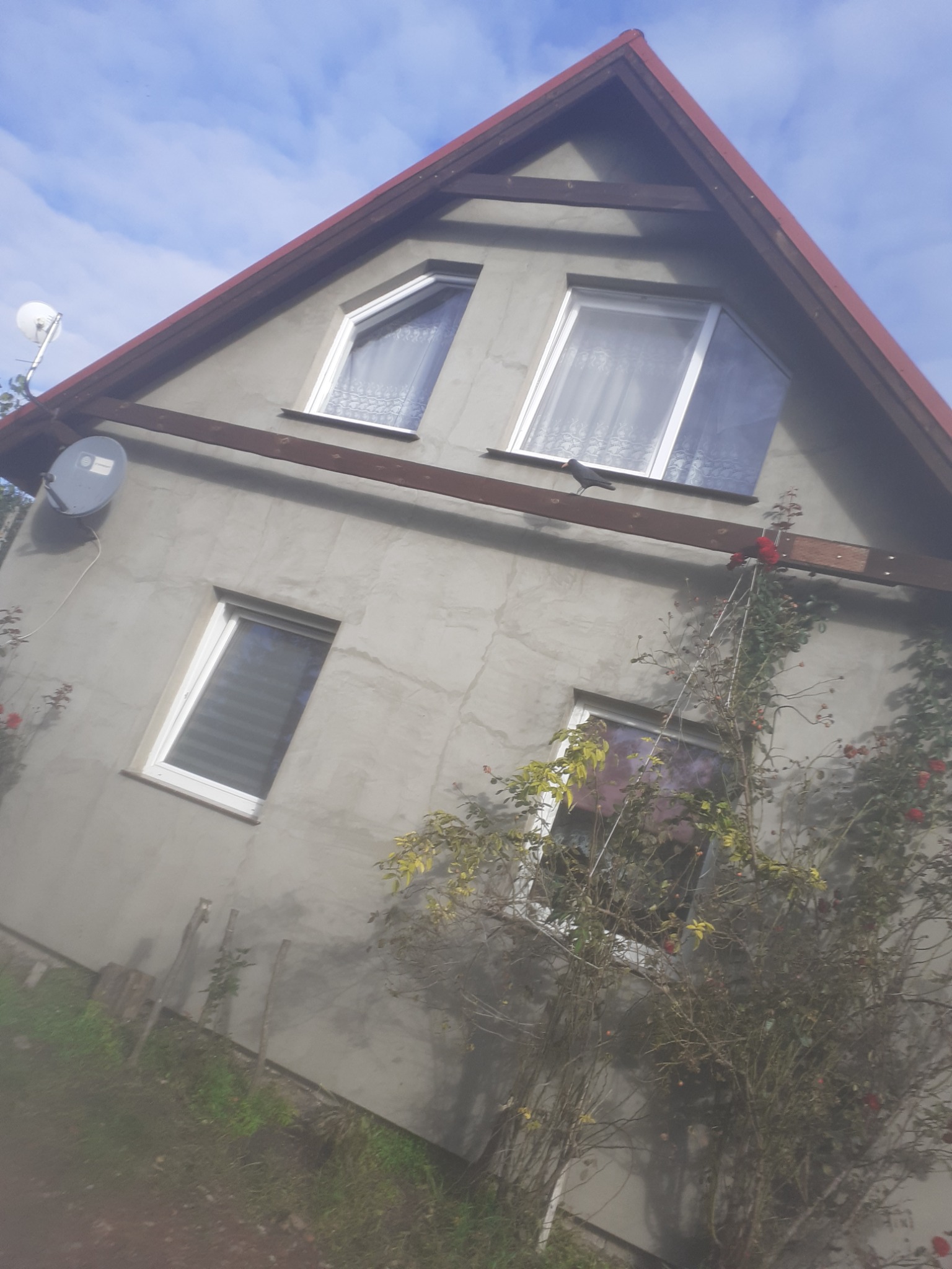 Ocieplony dom jednorodzinny z szarą elewacją, widoczne okna z białymi ramami, brązowe elementy drewniane pod dachem i satelita na ścianie, na belce siedzi czarny ptak