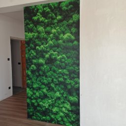 Ale remont! Monika Kwapiś-Skurzewska - Panel dekoracyjny z motywem mchu na ścianie w surowym wnętrzu, widoczny fragment podłogi i ściany w stanie deweloperskim.