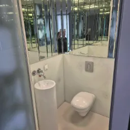 Wnętrze małej, nowoczesnej toalety z umywalką na postumencie i podwieszaną miską WC, wykończonej lustrami i delikatnym wzorem na ścianach.