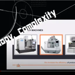 Zrzut ekranu z prezentacji wideo przedstawiającej trzy różne modele centrów obróbczych CNC na tle grafiki z napisem 'Technology, Complexity'.