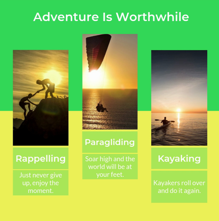 Kompozycja graficzna prezentująca trzy zdjęcia: wspinaczka z asekuracją przy zachodzie słońca, paralotniarz nad morzem o zmierzchu i kajakarz płynący po spokojnej wodzie o świcie, z hasłem...