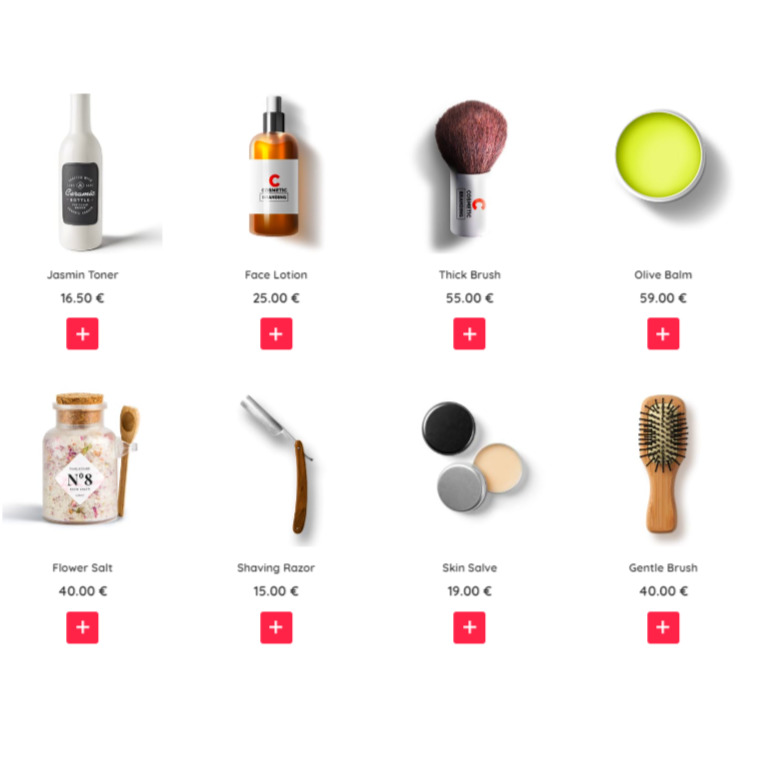 Prezentacja online kosmetyków naturalnych: tonik do twarzy, balsam, pędzel, sól do kąpieli, brzytwa do golenia, maść do skóry i szczotka do włosów, z cenami i przyciskami 'plus'