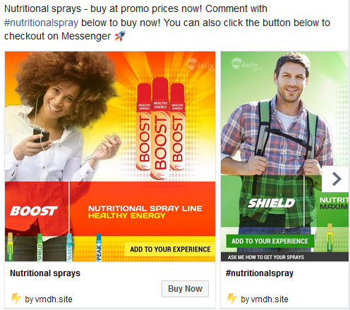 Reklama graficzna prezentująca spraye odżywcze Boost z wizerunkiem uśmiechniętej kobiety słuchającej muzyki i mężczyzny w koszuli w kratę z plecakiem.