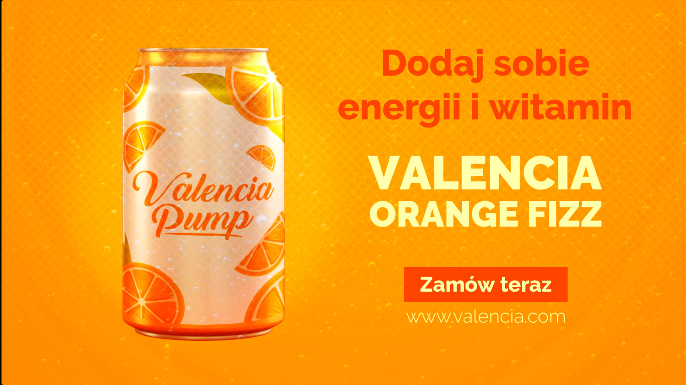 Puszka napoju Valencia Orange Fizz z grafiką pomarańczy na pomarańczowym tle z hasłem 'Dodaj sobie energii i witamin' oraz wezwaniem do działania 'Zamów teraz' i adresem strony internetowej.