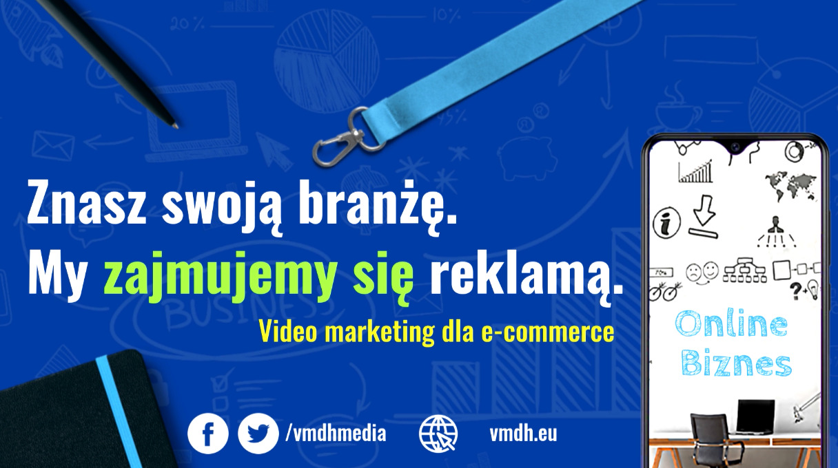 Niebieskie tło z rysunkami biznesowymi, tekstem reklamowym, telefonem z napisem 'Online Biznes', długopisem i notatnikiem.