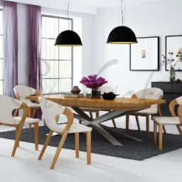 Jasna jadalnia z drewnianym stołem na metalowej podstawie w kształcie gwiazdy, otoczonym krzesłami z jasną tapicerką i drewnianymi elementami, oświetlona dwoma czarnymi lampami wiszącymi,...