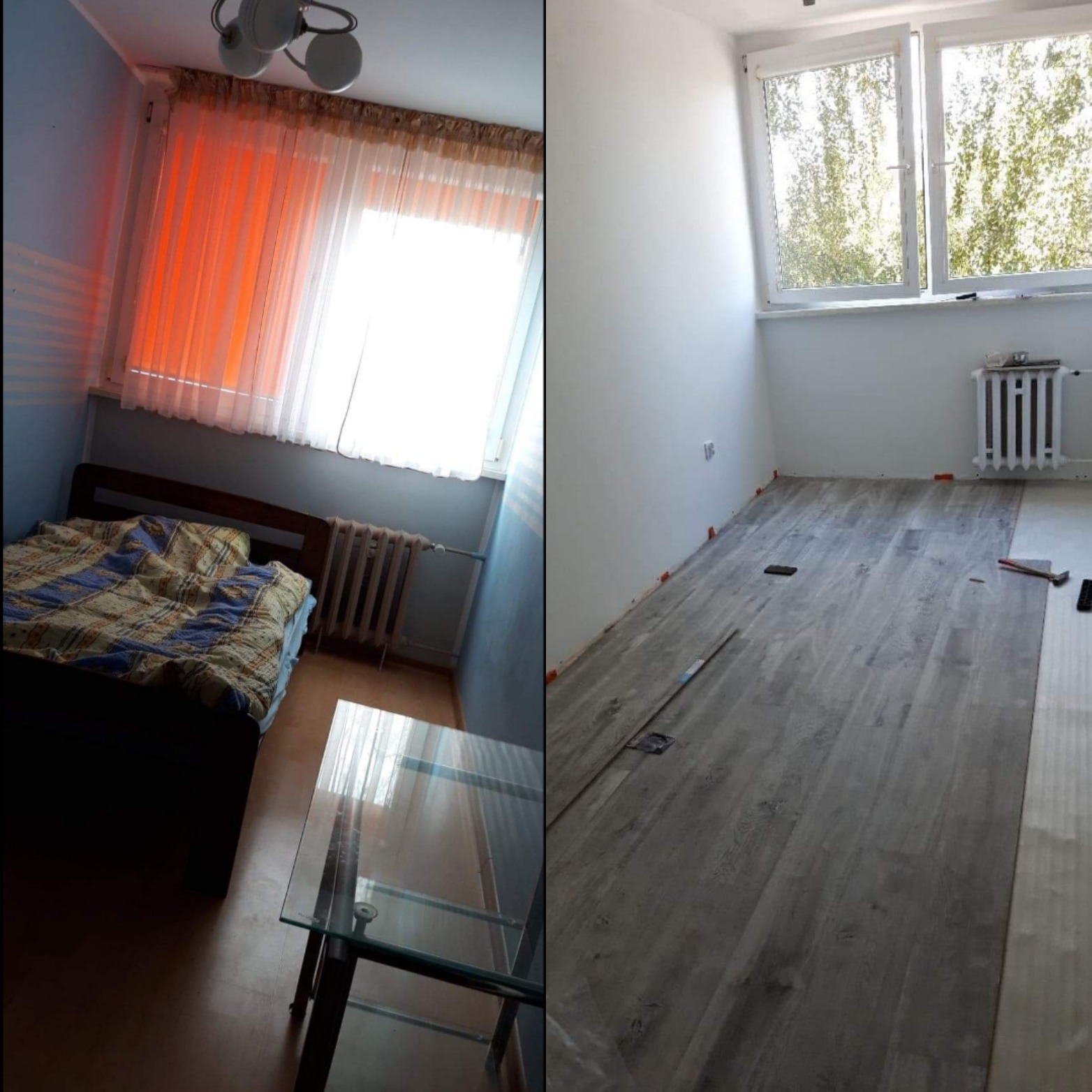 Pokój podzielony na dwie części: w jednej łóżko i stolik, w drugiej układane panele podłogowe, widoczne kliny dystansowe i narzędzia.