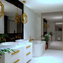 Elegancka łazienka z dwoma umywalkami nablatowymi na białej szafce z złotymi uchwytami, czarne marmurowe tło za lustrem, złote lampy wiszące i wolnostojąca wanna, widok w głąb łazienki.