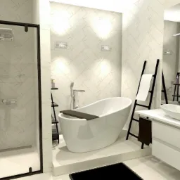 Wizualizacja nowoczesnej łazienki z kabiną prysznicową z czarnymi ramami, owalną wanną wolnostojącą z drewnianą półką, białą umywalką nablatową i drabinką na ręczniki.