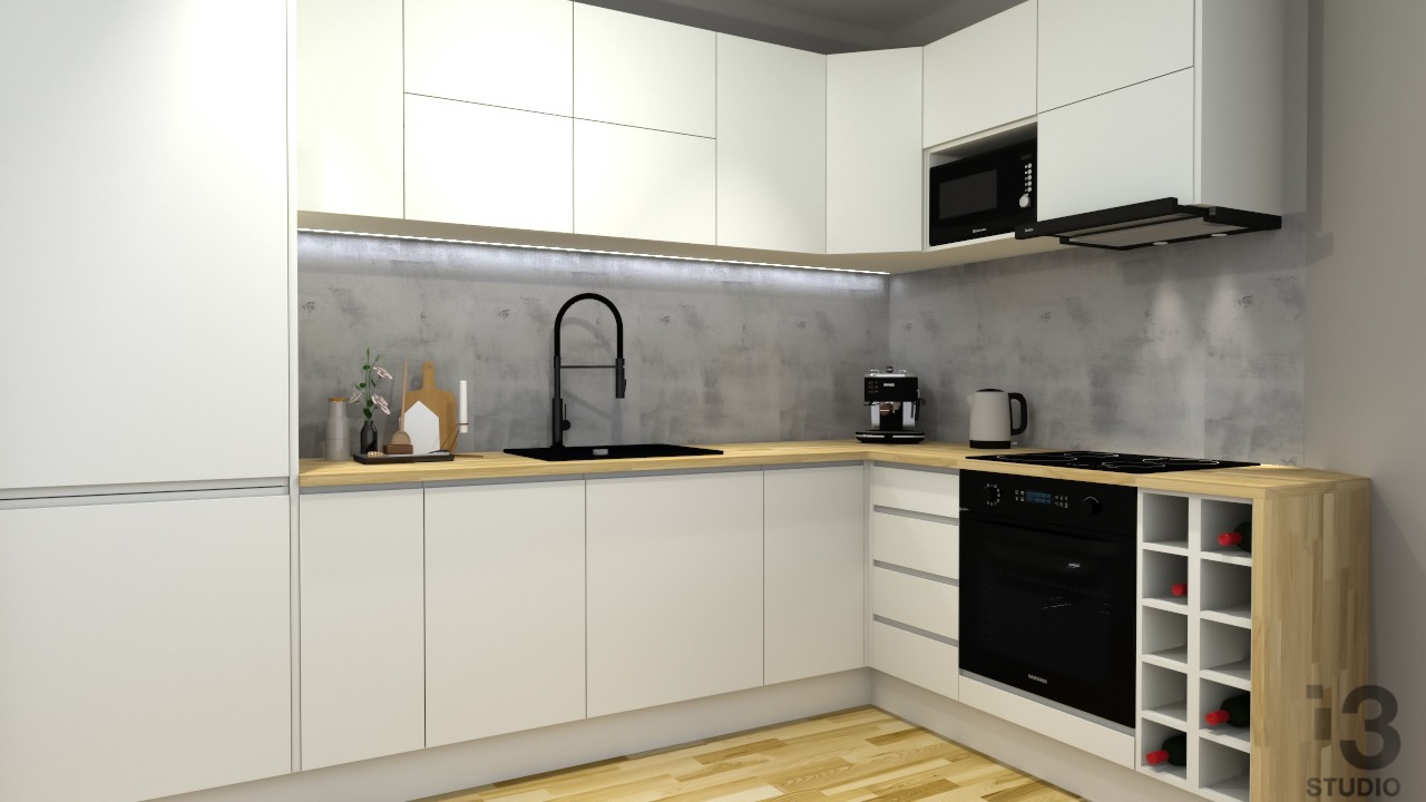 Wizualizacja nowoczesnej kuchni z białymi frontami szafek, drewnianym blatem, czarną armaturą i AGD, oraz szarą ścianą nad blatem, z wbudowaną półką na wino.