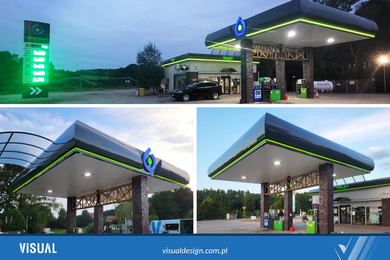 Nowoczesna stacja paliw z neonowym oświetleniem i charakterystycznym logo. Widoczne dystrybutory, budynek sklepu i tablica cen paliw. Projekt identyfikacji wizualnej.