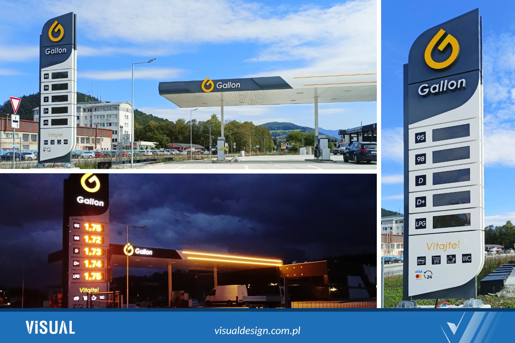 Wizualizacja stacji paliw 'Gallon': pylon cenowy z logo, dystrybutory i zadaszenie. Ujęcie dzienne i nocne, eksponujące identyfikację wizualną i oświetlenie.