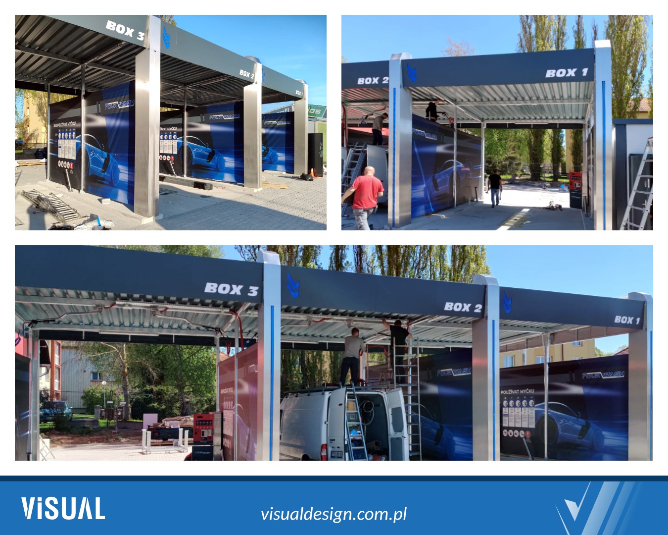 Montaż konstrukcji stalowej myjni samochodowej z grafiką reklamową. Widoczne trzy stanowiska oznaczone jako BOX 1, BOX 2, BOX 3. Pracownicy na drabinach.
